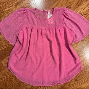 Zenana Pink Swiss Dot Sheer Flutter Sleeve Top size XL